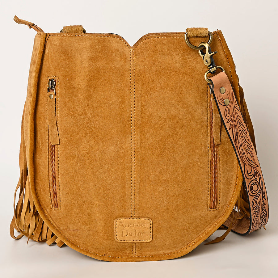 American Darling Suede Leather Fringe Hand Tooled Floral Carved Large Cross body Bag Genuine Western Leather YKK Zipper