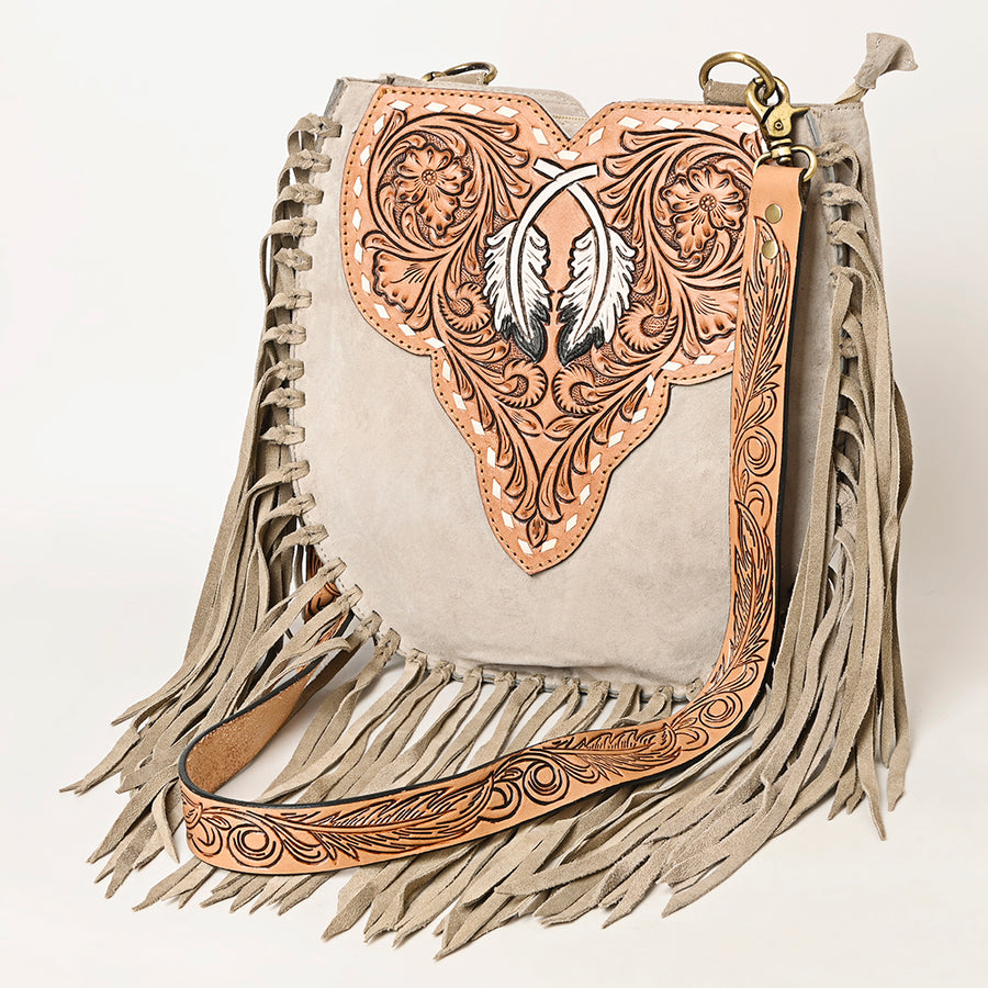American Darling Suede Fringe Hand Tooled Leather Large Cross body Bag - Hilason