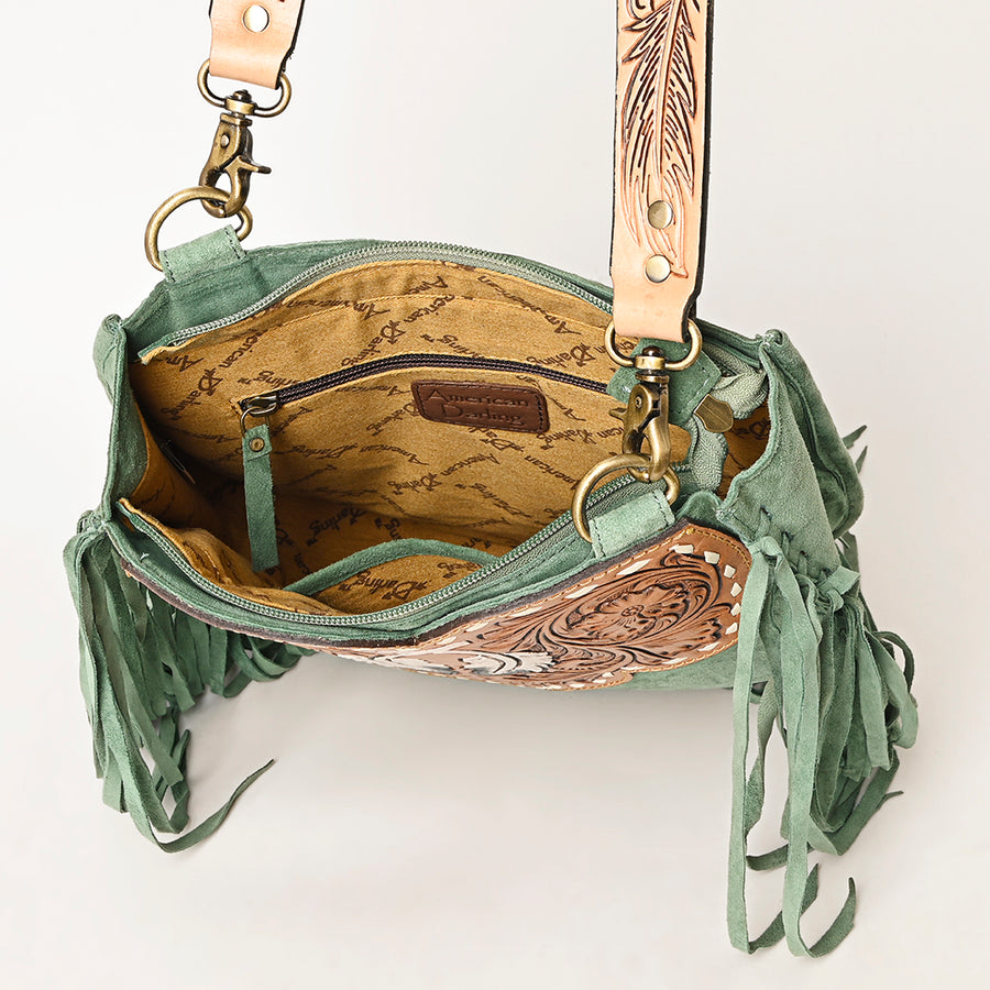 American Darling Suede Leather Fringe Hand Tooled Floral Carved Large Cross body Bag Genuine Western Leather YKK Zipper