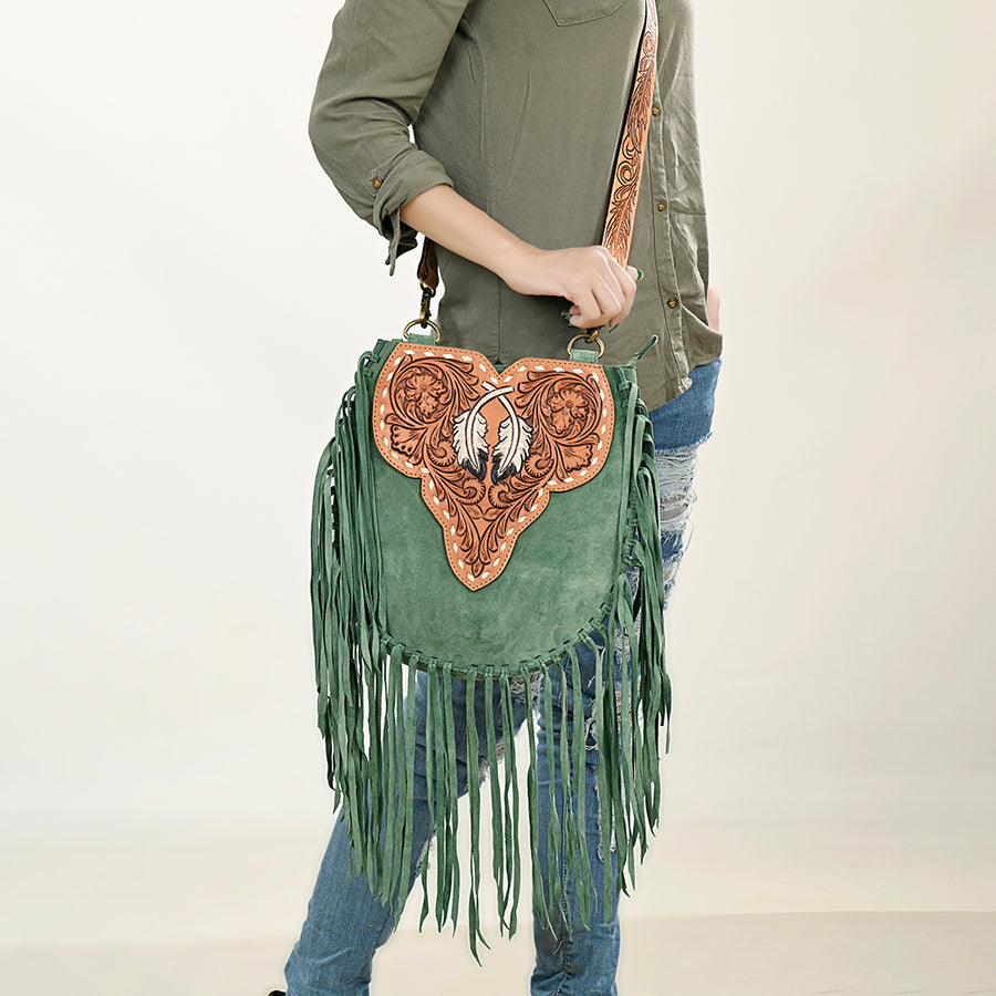 American Darling Suede Leather Fringe Hand Tooled Floral Carved Large Cross body Bag Genuine Western Leather YKK Zipper