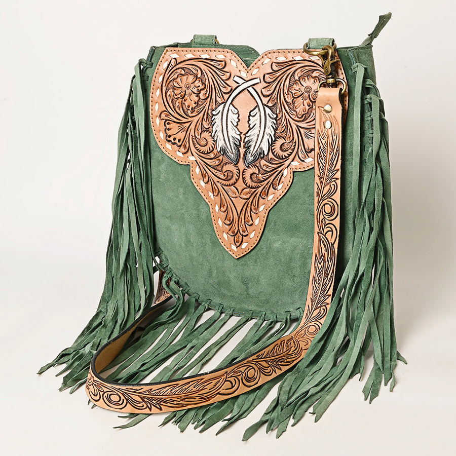 American Darling Suede Fringe Hand Tooled Leather Large Cross body Bag - Uhorse