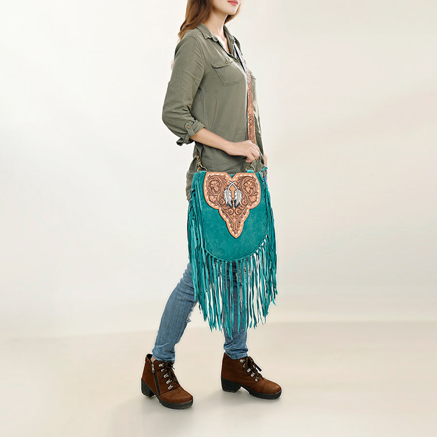 American Darling Suede Leather Fringe Hand Tooled Floral Carved Large Cross body Bag Genuine Western Leather YKK Zipper