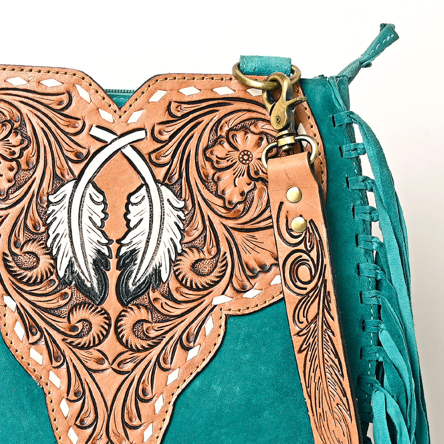 American Darling Suede Leather Fringe Hand Tooled Floral Carved Large Cross body Bag Genuine Western Leather YKK Zipper