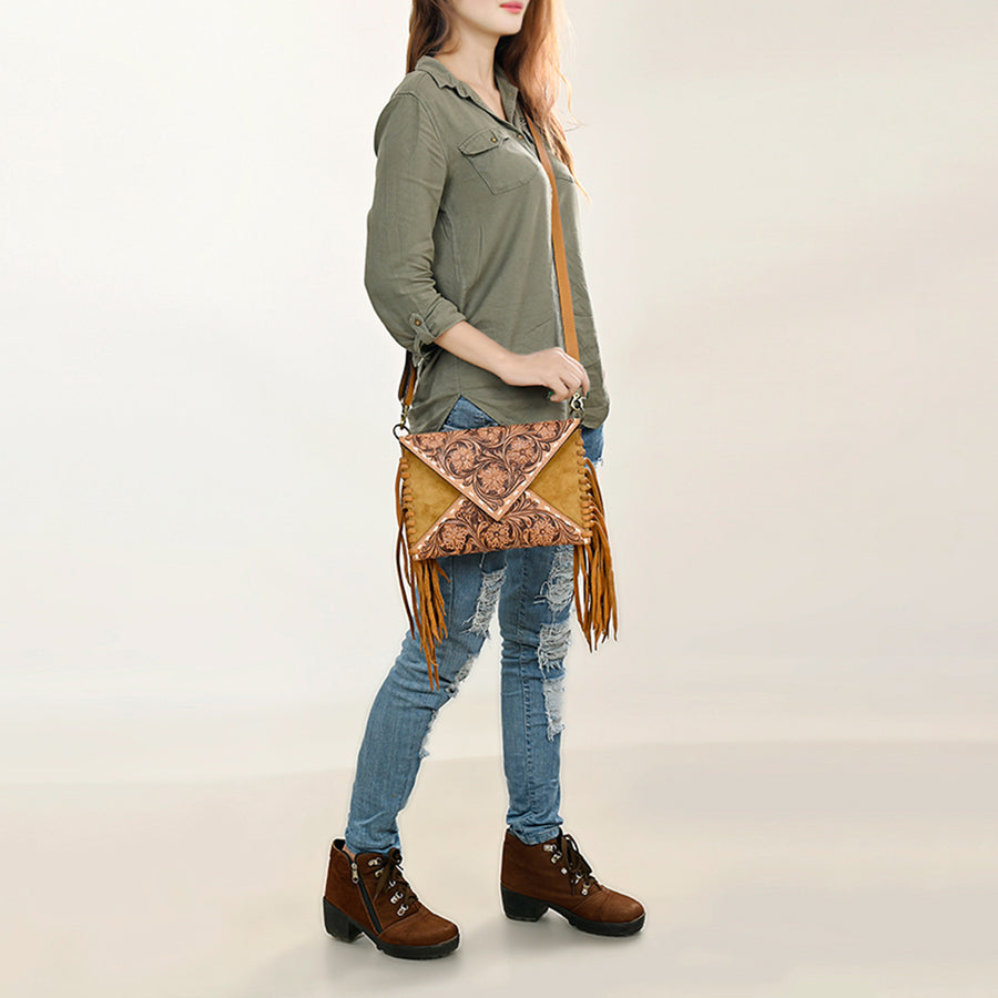 American Darling Genuine Suede Leather Hand Tooled Floral Carved Envelope Bag Fringe Western Genuine Leather Crossbody with YKK Zipper