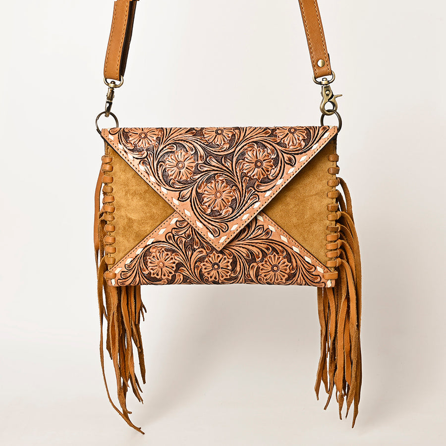 American Darling Genuine Suede Leather Hand Tooled Floral Carved Envelope Bag Fringe Western Genuine Leather Crossbody with YKK Zipper