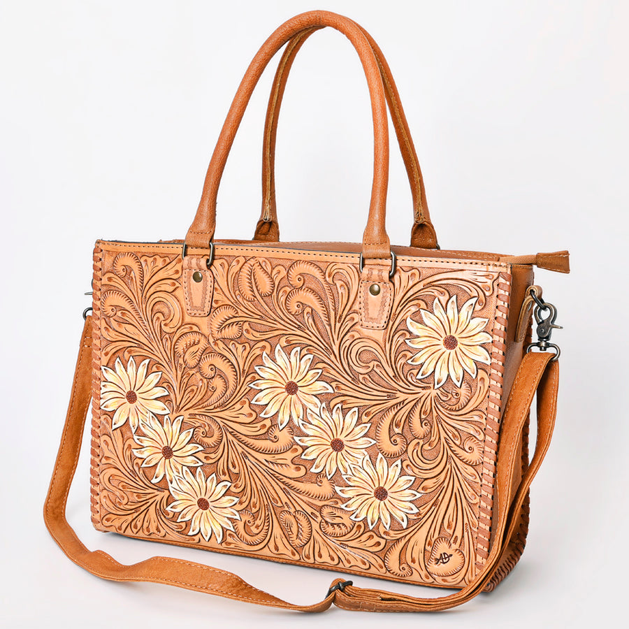 American Darling Western Leather Tote Bag - Hand Tooled Floral Carved Braided Purse - Uhorse