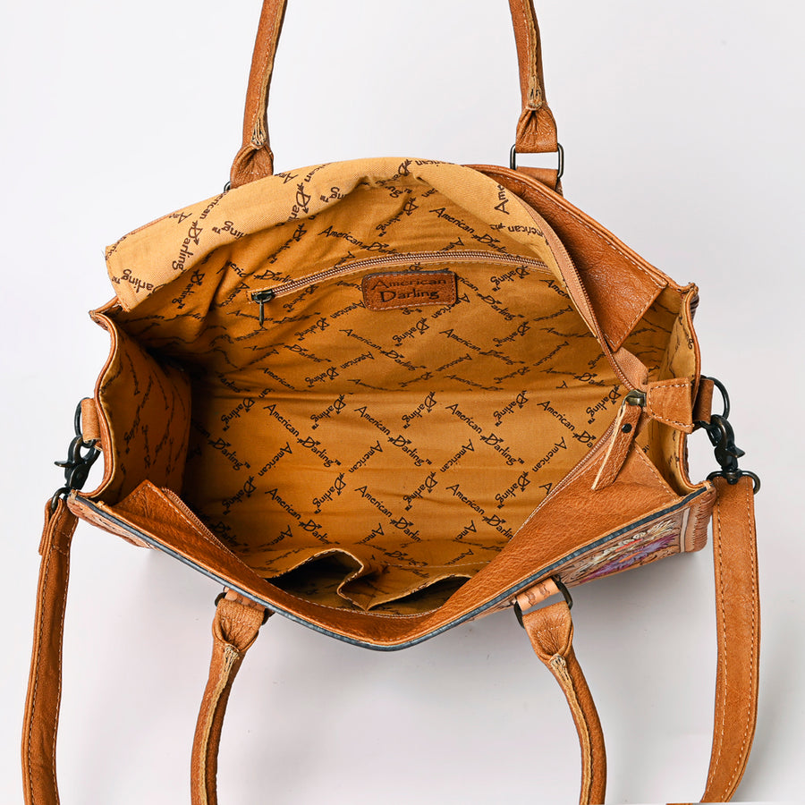 American Darling Tote Bag - Western Leather Hand Tooled Floral Carved Purse with Braided Detailing & Secure YKK Zipper