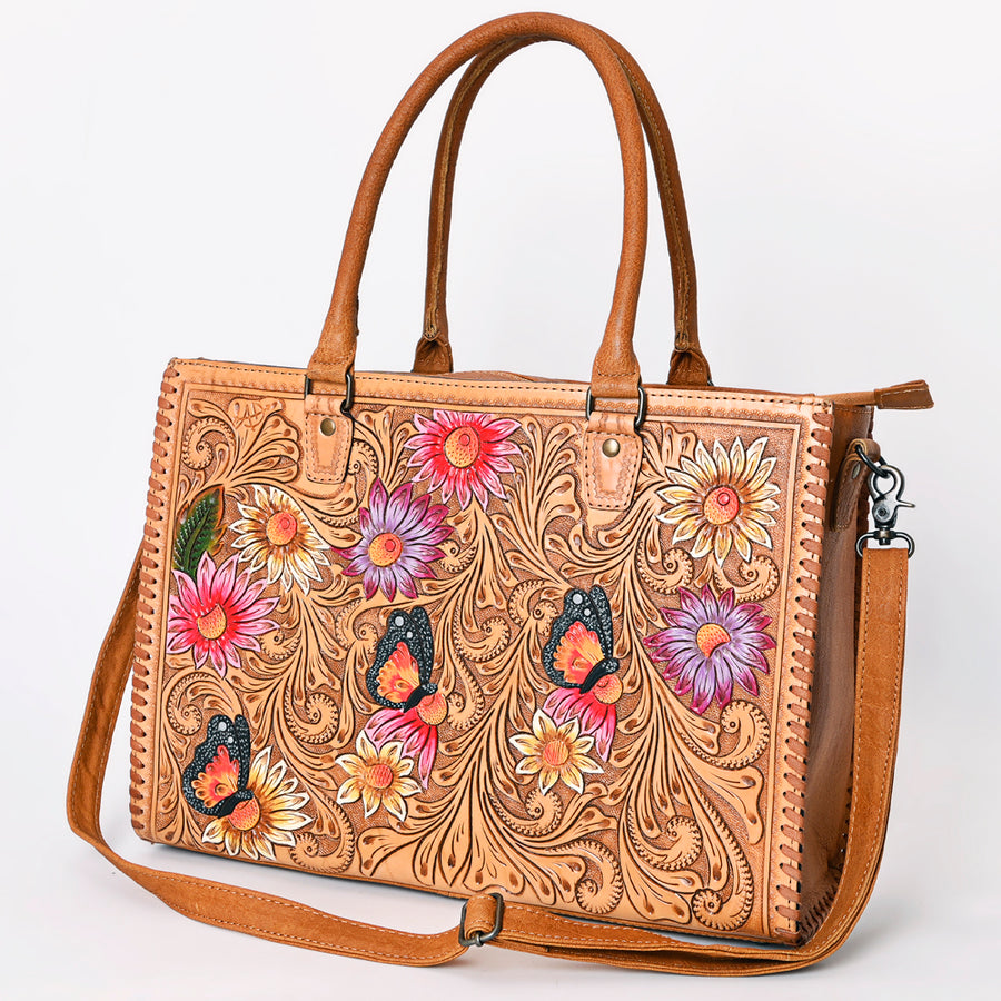 American Darling Western Leather Tote Bag - Hand Tooled Floral Carved Braided Purse - Uhorse