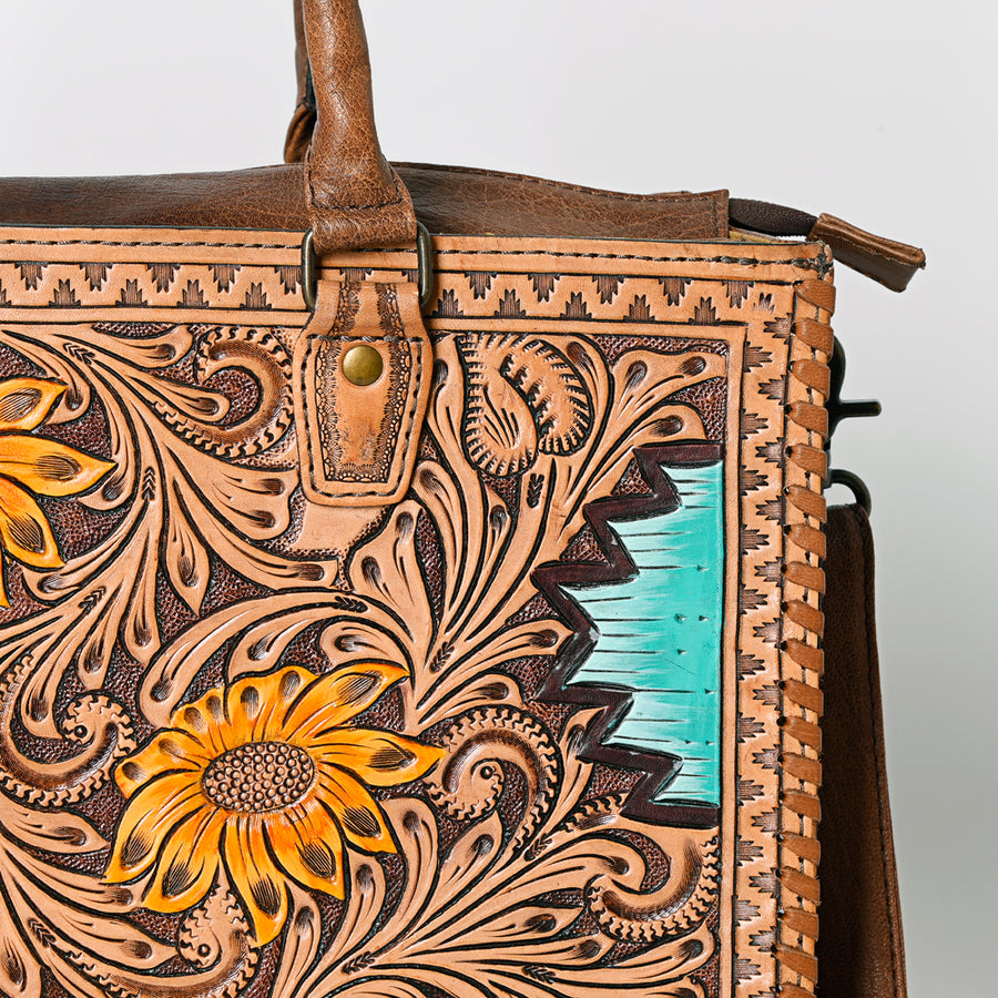 American Darling Tote Bag - Western Leather Hand Tooled Floral Carved Purse with Braided Detailing & Secure YKK Zipper