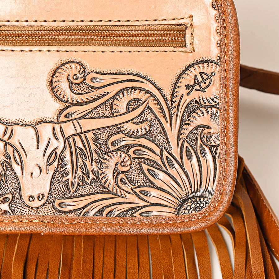 American Darling Western Leather Fanny Pack for Women – Hand-Tooled Genuine Leather Belt Bag with Long Fringe and Adjustable Strap