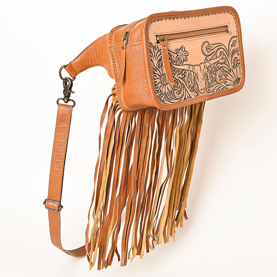 American Darling Western Leather Fanny Pack for Women – Hand-Tooled Genuine Leather Belt Bag with Long Fringe and Adjustable Strap