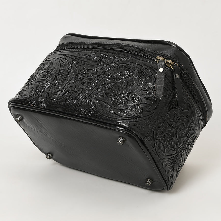 American Darling Western Hand Tooled Leather Jewelry Case | Handcrafted Travel Makeup Bag with Handle and Divided Interior