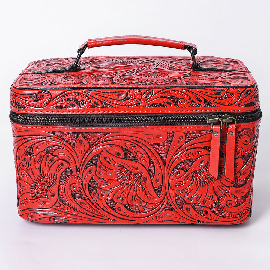 American Darling Western Hand Tooled Leather Jewelry Case | Handcrafted Travel Makeup Bag with Handle and Divided Interior