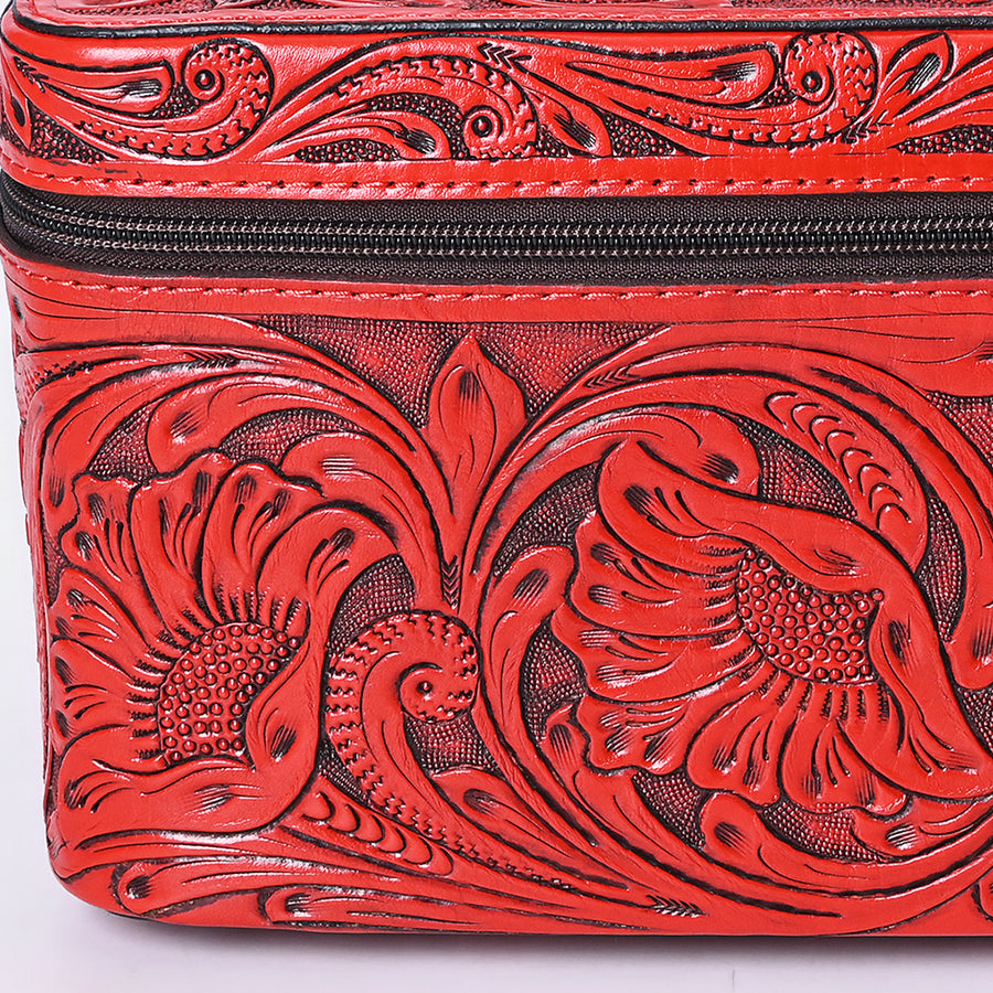American Darling Western Hand Tooled Leather Jewelry Case | Handcrafted Travel Makeup Bag with Handle and Divided Interior