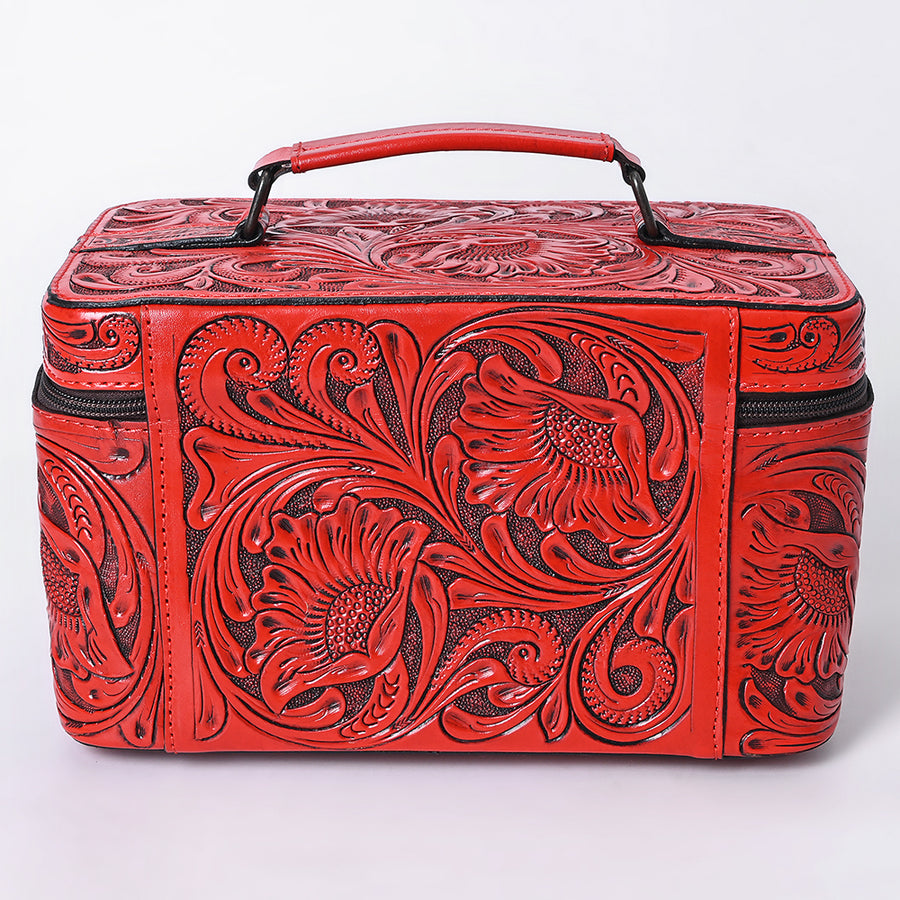 American Darling Western Hand Tooled Leather Jewelry Case | Handcrafted Travel Makeup Bag with Handle and Divided Interior