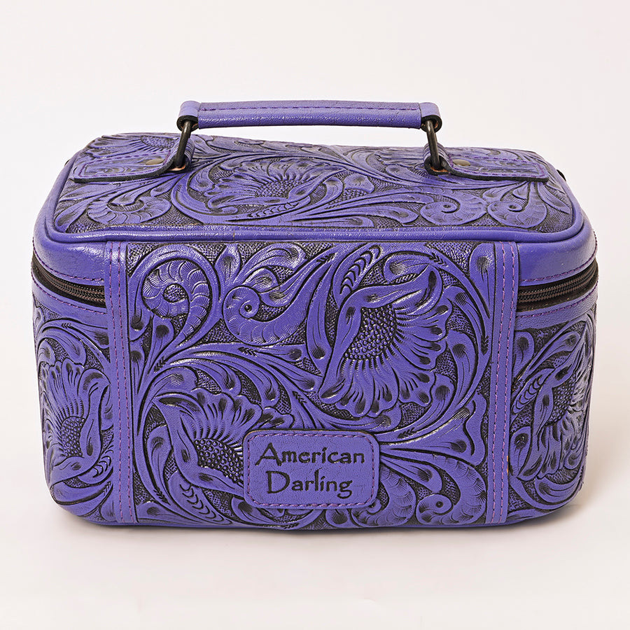 American Darling Western Hand Tooled Leather Jewelry Case | Handcrafted Travel Makeup Bag with Handle and Divided Interior