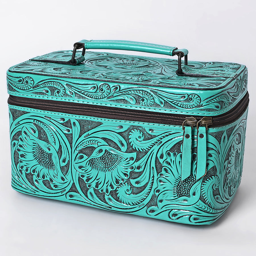 American Darling Western Hand Tooled Leather Jewelry Case | Handcrafted Travel Makeup Bag with Handle and Divided Interior