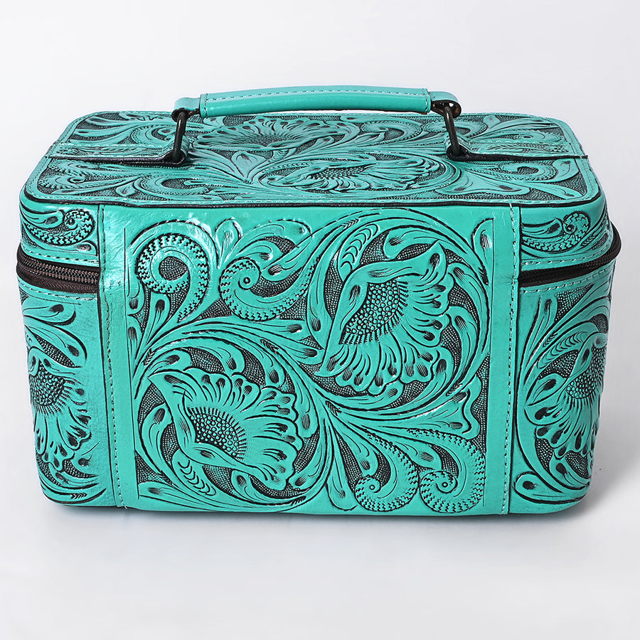 American Darling Western Hand Tooled Leather Jewelry Case | Handcrafted Travel Makeup Bag with Handle and Divided Interior