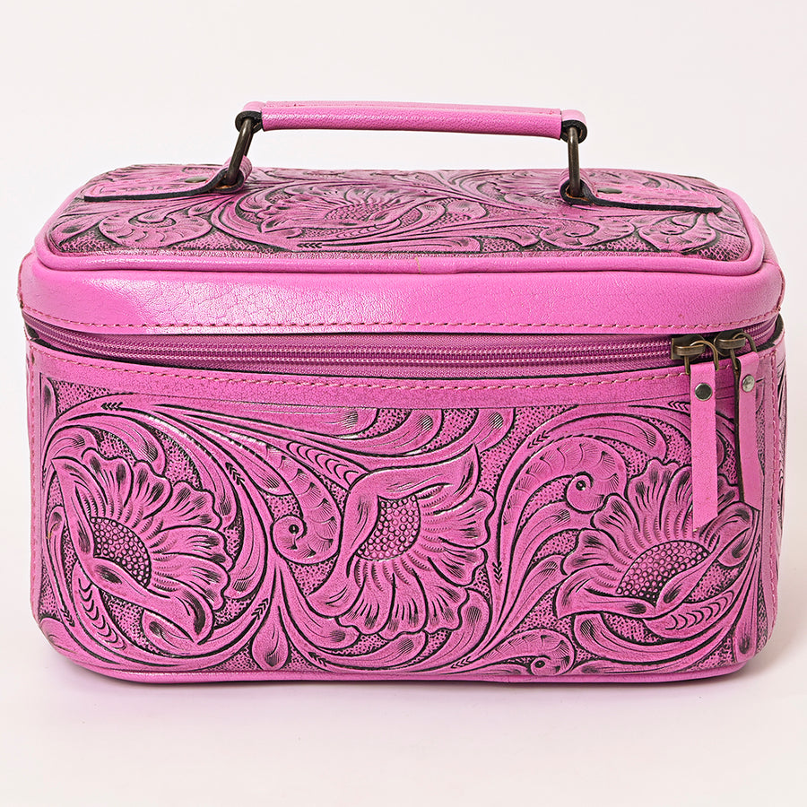 American Darling Western Hand Tooled Leather Jewelry Case | Handcrafted Travel Makeup Bag with Handle and Divided Interior