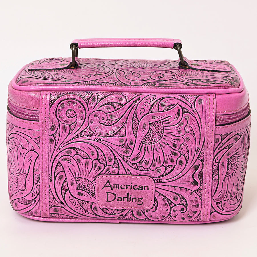 American Darling Western Hand Tooled Leather Jewelry Case | Handcrafted Travel Makeup Bag with Handle and Divided Interior