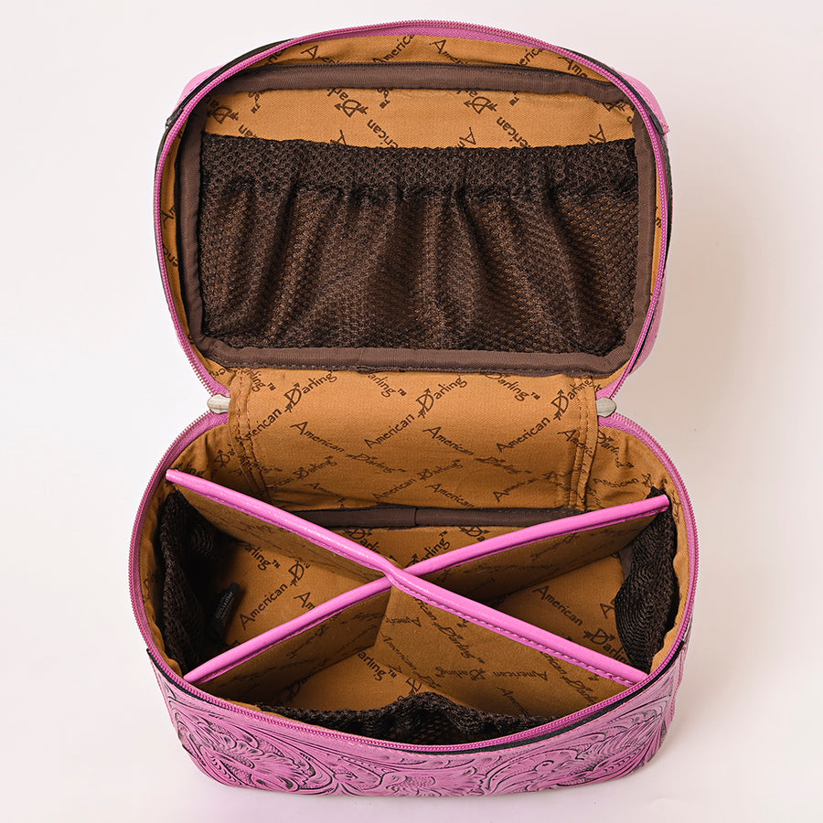 American Darling Western Hand Tooled Leather Jewelry Case | Handcrafted Travel Makeup Bag with Handle and Divided Interior