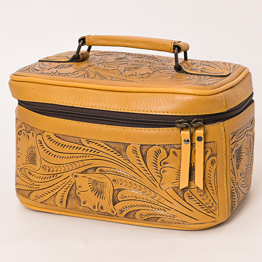American Darling Western Hand Tooled Leather Jewelry Case | Handcrafted Travel Makeup Bag with Handle and Divided Interior