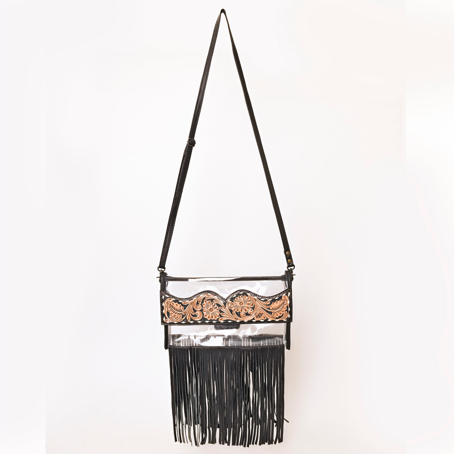 American Darling Clear Western Crossbody with Fringe – Hand-Tooled Genuine Leather Bag