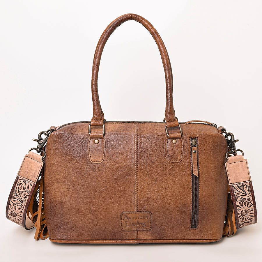 American Darling Hand-Tooled Leather & Hair-On Cowhide Tote Bag with Fringe – Genuine Leather Western Handbag for Everyday & Travel