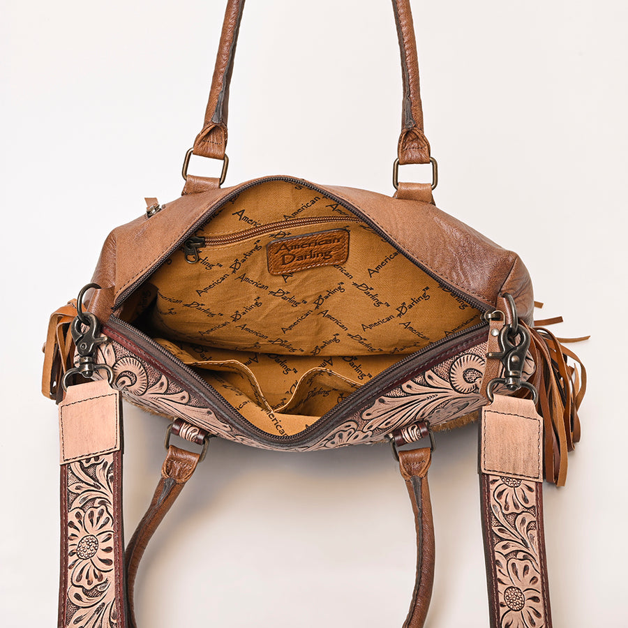 American Darling Hand-Tooled Leather & Hair-On Cowhide Tote Bag with Fringe – Genuine Leather Western Handbag for Everyday & Travel