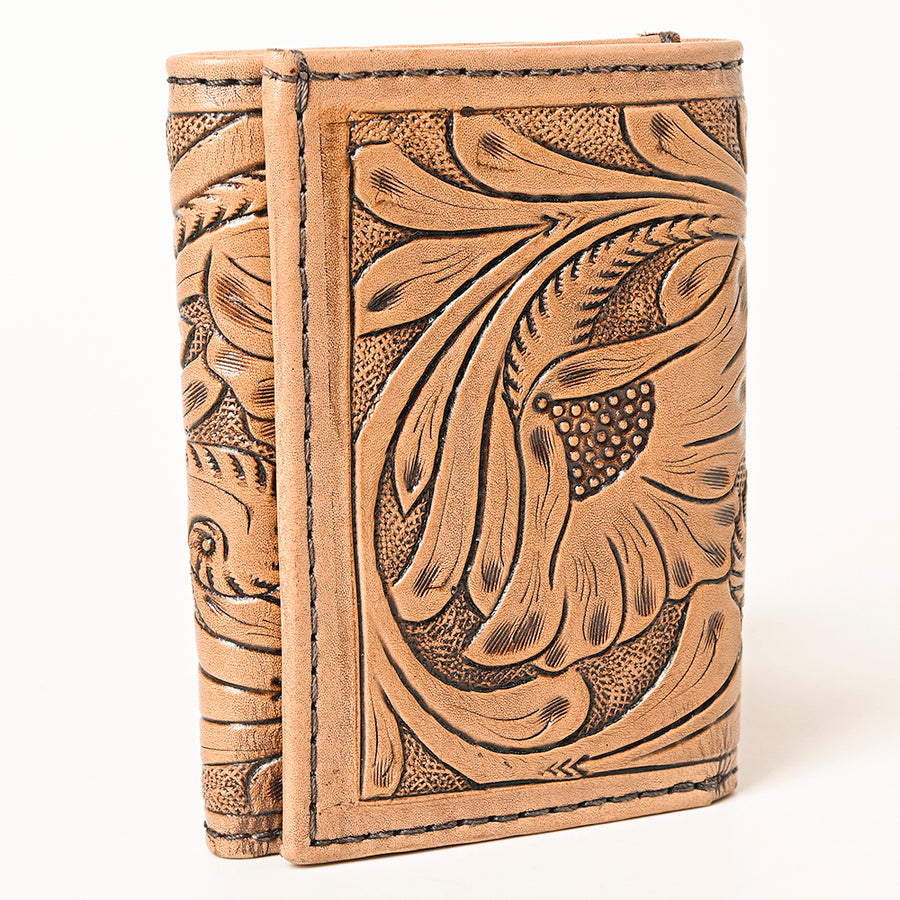 American Darling Hand-Tooled Genuine Leather Trifold Wallet – Floral Carved Western Wallet with Multiple Card Slots & Secure Storage
