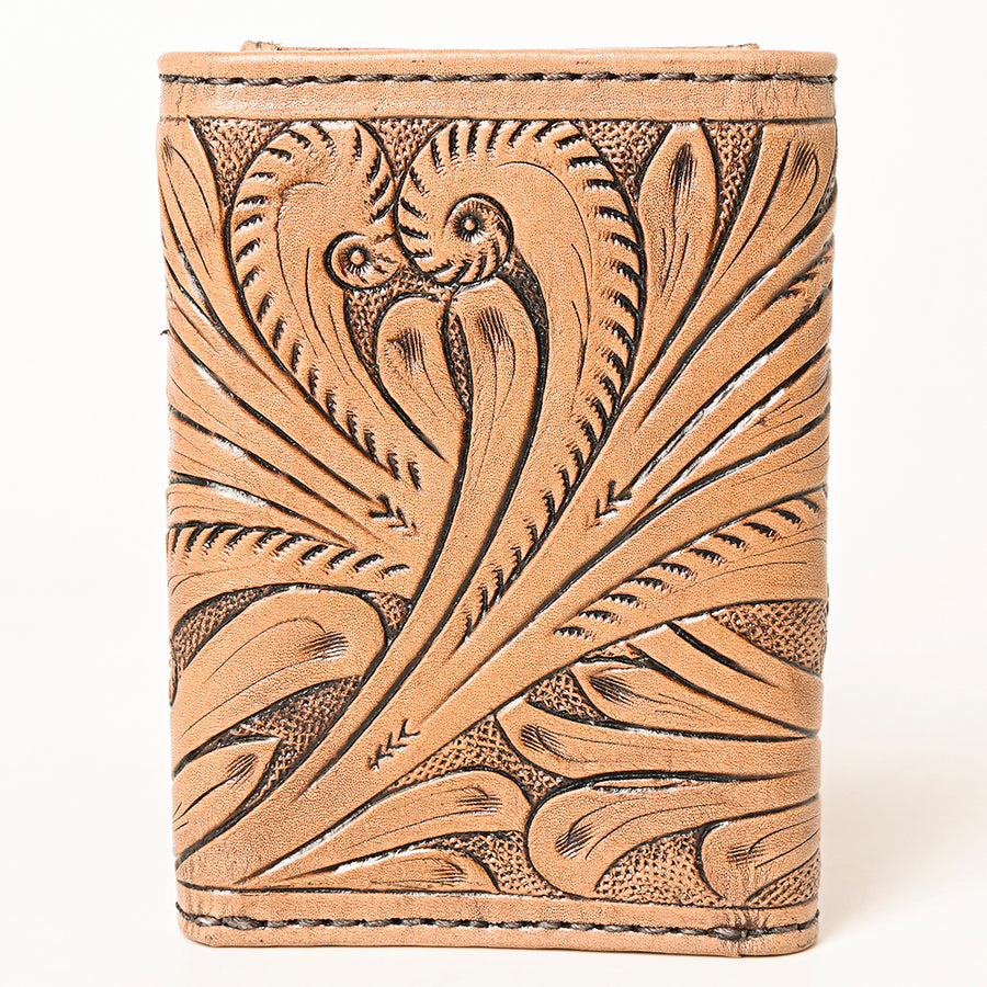 American Darling Hand-Tooled Genuine Leather Trifold Wallet – Floral Carved Western Wallet with Multiple Card Slots & Secure Storage
