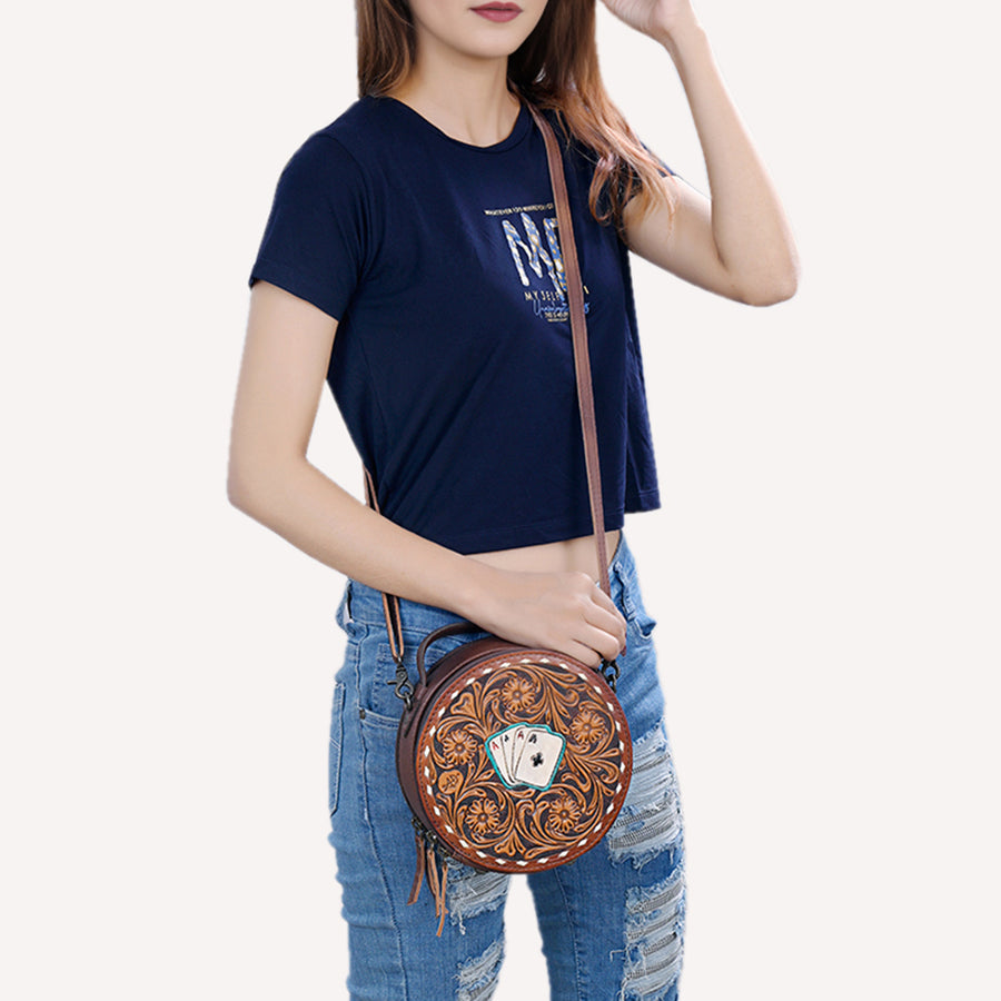 American Darling Western Round Canteen Bag Handcrafted from Tooled Genuine Leather | Playing Card Theme, Buckstitch & YKK Zipper
