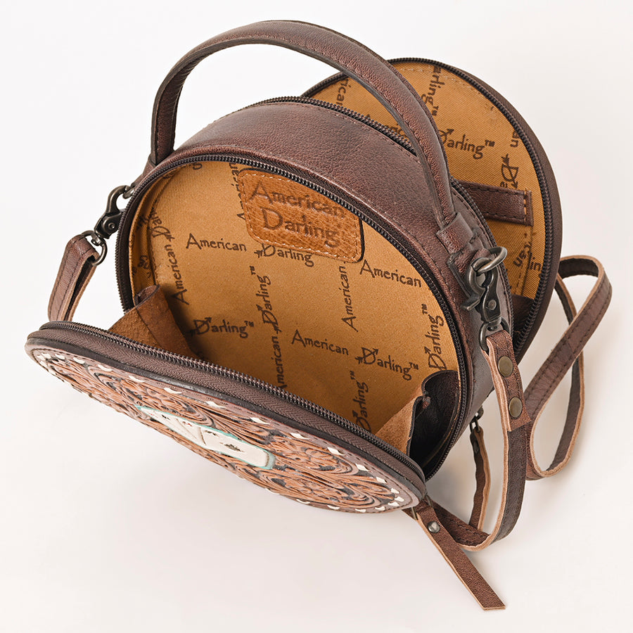American Darling Western Round Canteen Bag Handcrafted from Tooled Genuine Leather | Playing Card Theme, Buckstitch & YKK Zipper