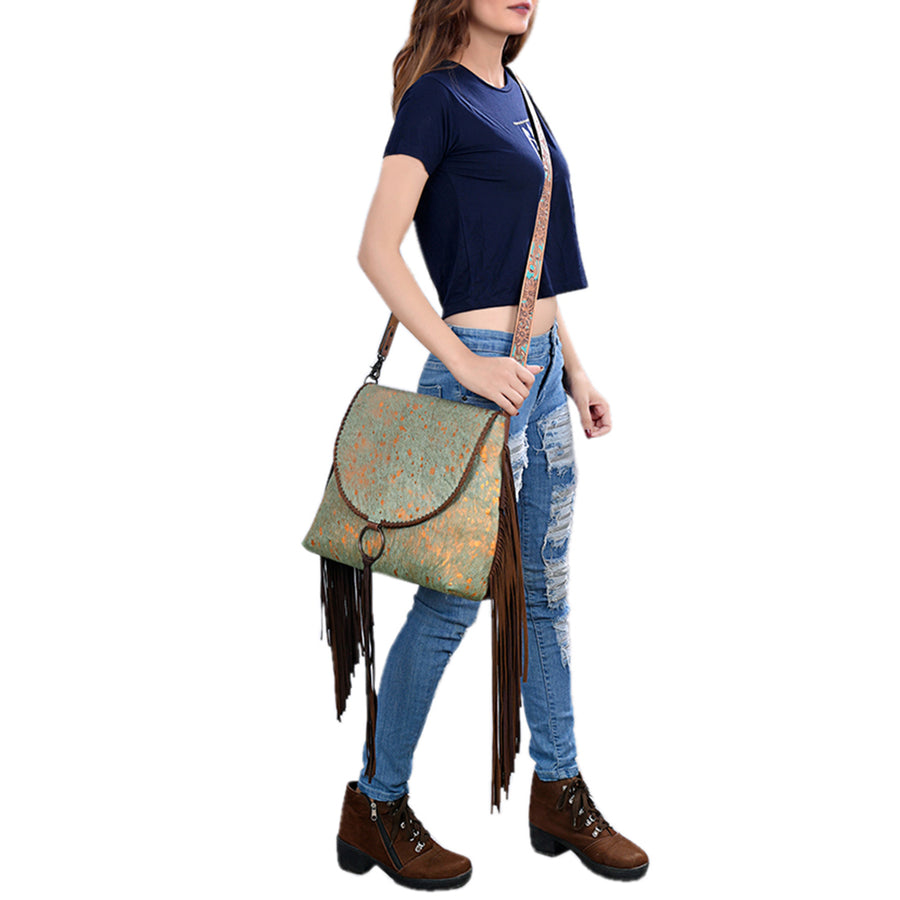 American Darling Large Western Saddlebag Handcrafted from Cowhide | Fringe Detail & Tooled Strap Crossbody Purse