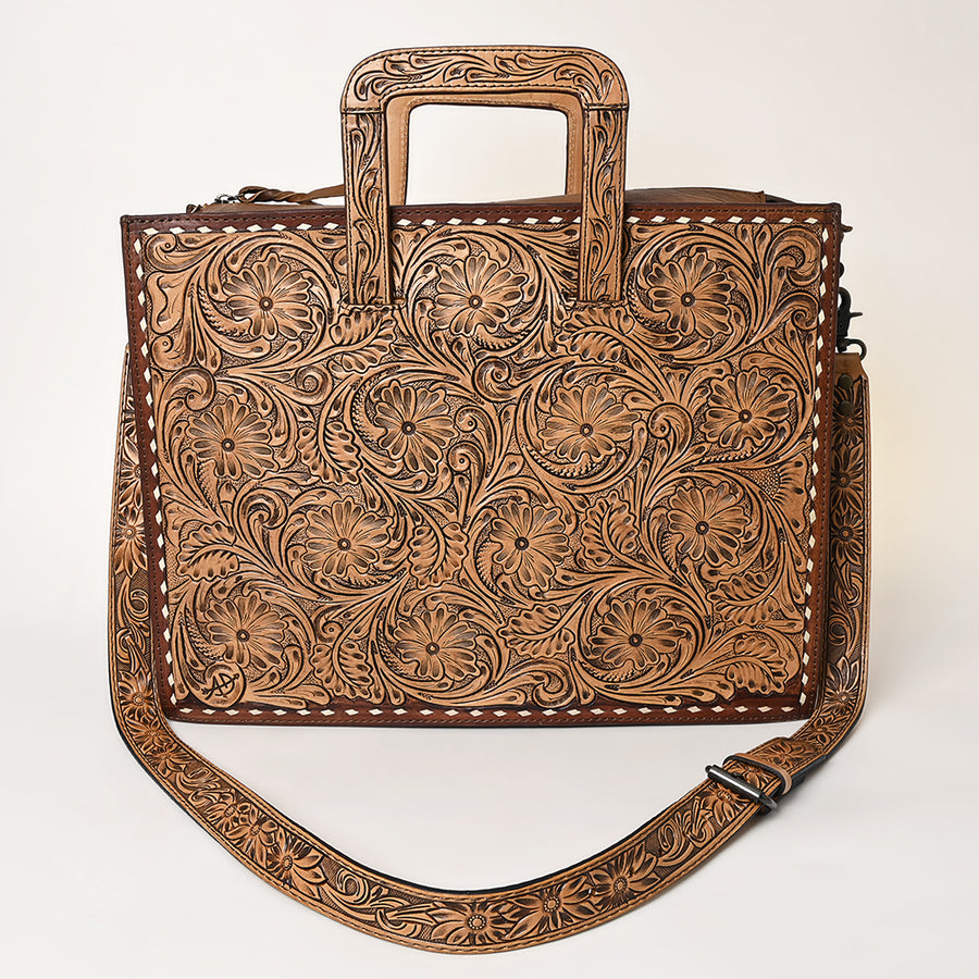 American Darling Western Laptop Briefcase Tote Handcrafted from Hand Tooled Genuine Leather | Floral Carved & Multi-Pocket Work Bag