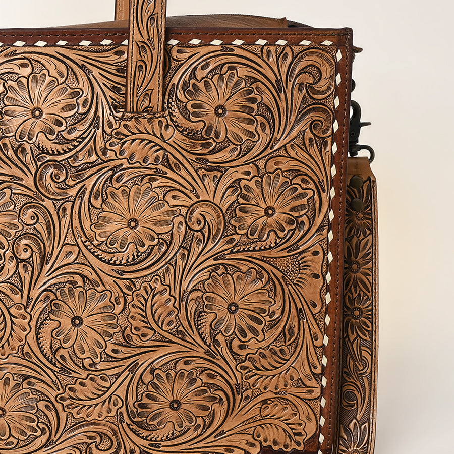American Darling Western Laptop Briefcase Tote Handcrafted from Hand Tooled Genuine Leather | Floral Carved & Multi-Pocket Work Bag