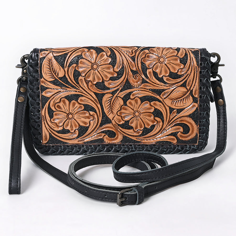 American Darling Small Western Crossbody Bag with Tooled Leather Flap | Woven Body, Wristlet Strap & Multi-Pocket Interior