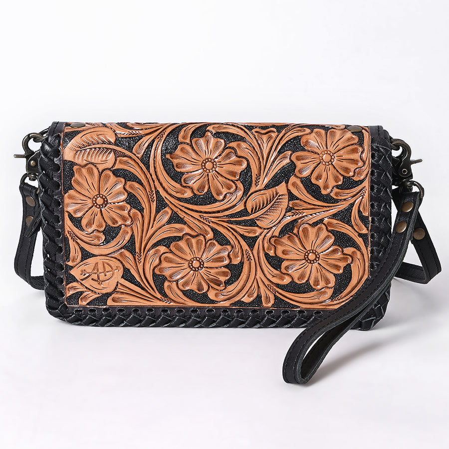 American Darling Small Western Crossbody Bag with Tooled Leather Flap | Woven Body, Wristlet Strap & Multi-Pocket Interior