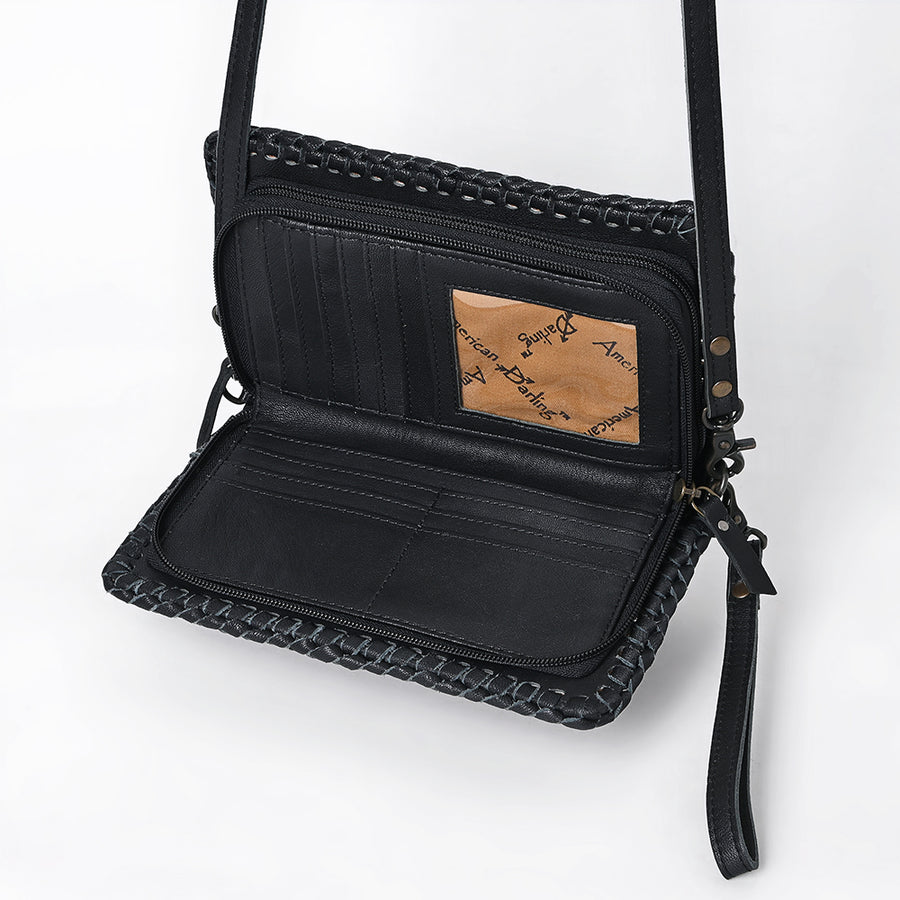 American Darling Small Western Crossbody Bag with Tooled Leather Flap | Woven Body, Wristlet Strap & Multi-Pocket Interior