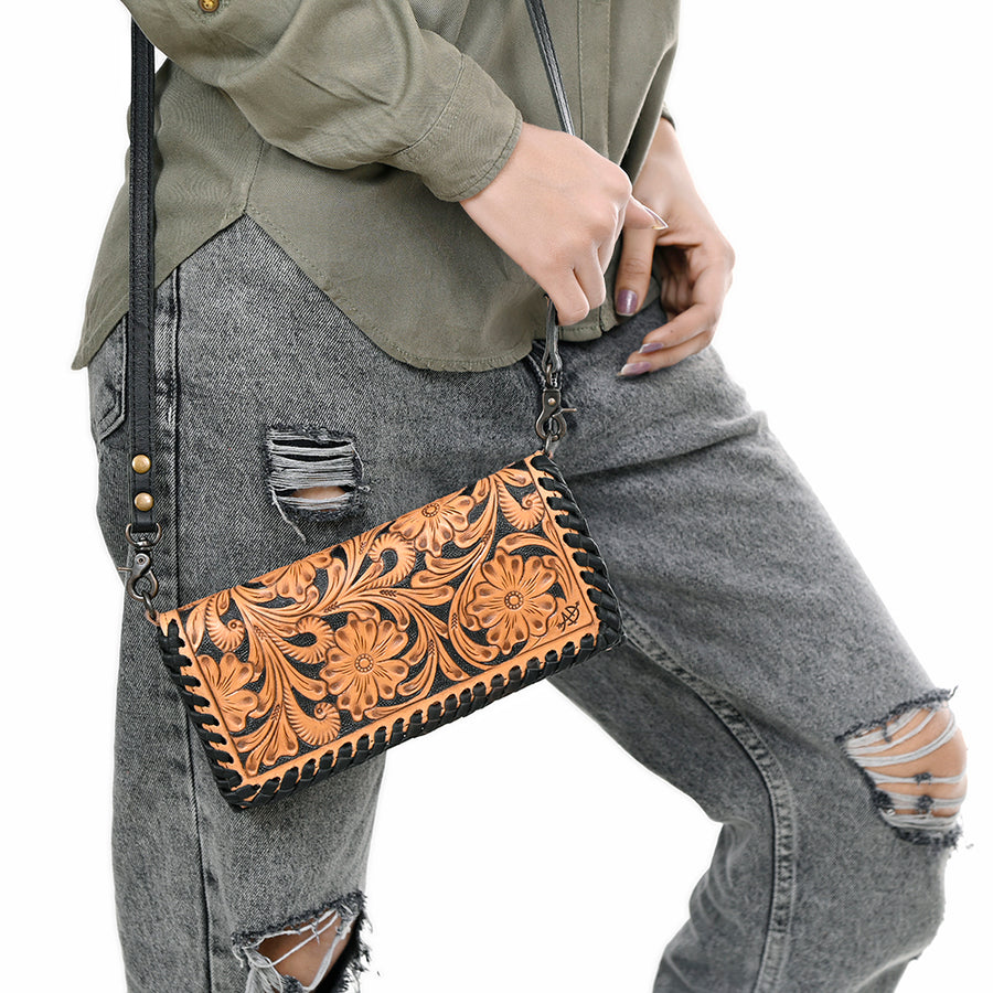 American Darling Western Crossbody Wallet Handcrafted from Tooled Genuine Leather | Floral Carved Flap & Braided Edge Detail