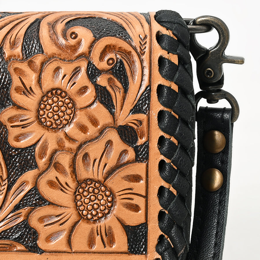 American Darling Western Crossbody Wallet Handcrafted from Tooled Genuine Leather | Floral Carved Flap, Braided Edge & Zip Pocket