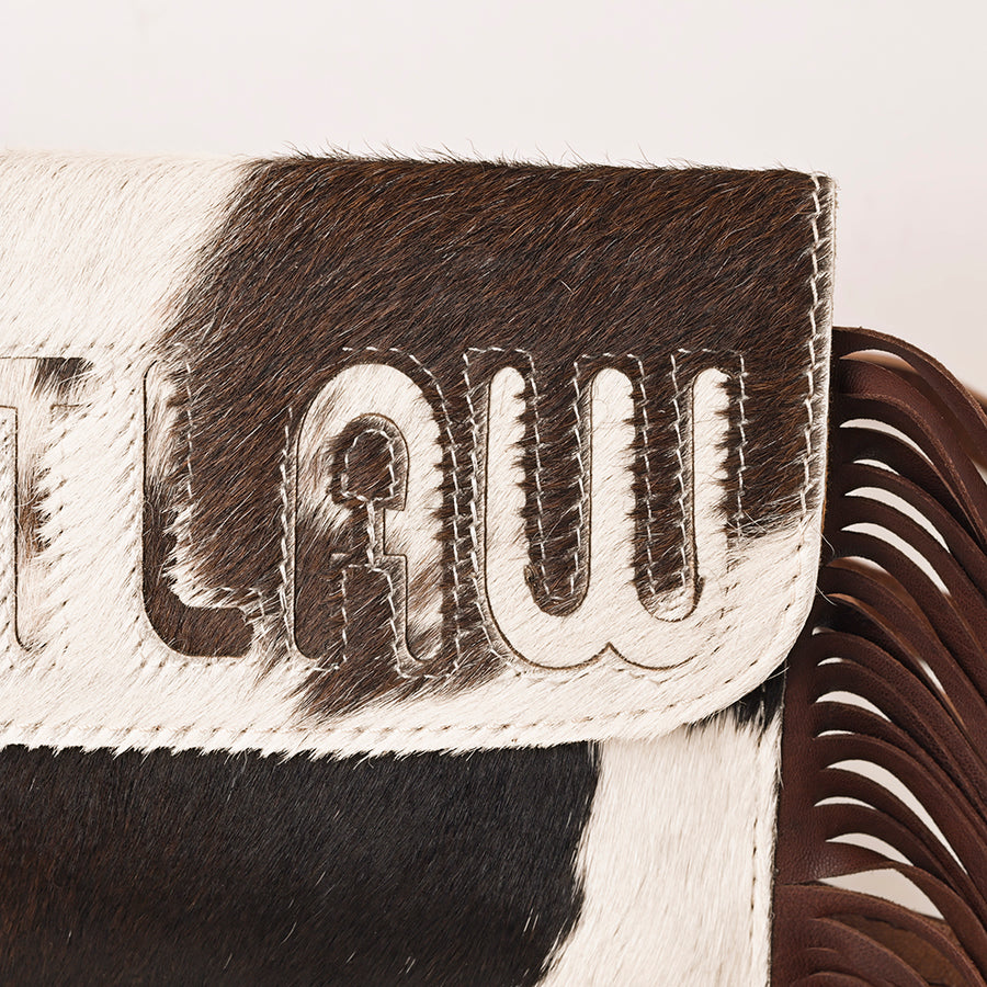 American Darling Western Clutch Handcrafted from Hair-On Cowhide Wallet Hand Bag | Slogan Cut-Out Flap, Long Leather Fringe & Crossbody Strap