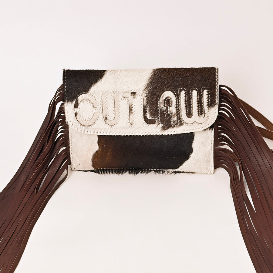 American Darling Western Clutch Handcrafted from Hair-On Cowhide Wallet Hand Bag | Slogan Cut-Out Flap, Long Leather Fringe & Crossbody Strap