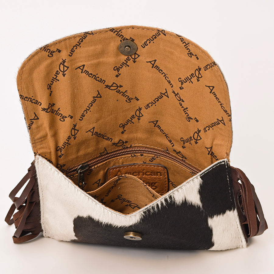 American Darling Western Clutch Handcrafted from Hair-On Cowhide Wallet Hand Bag | Slogan Cut-Out Flap, Long Leather Fringe & Crossbody Strap