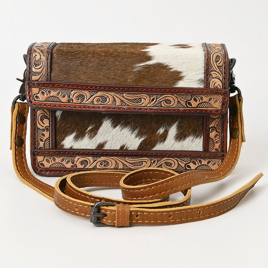 American Darling Western Leather Crossbody Bag – Genuine Hair-On Cowhide Purse with Hand-Tooled Floral Accents & Adjustable Strap