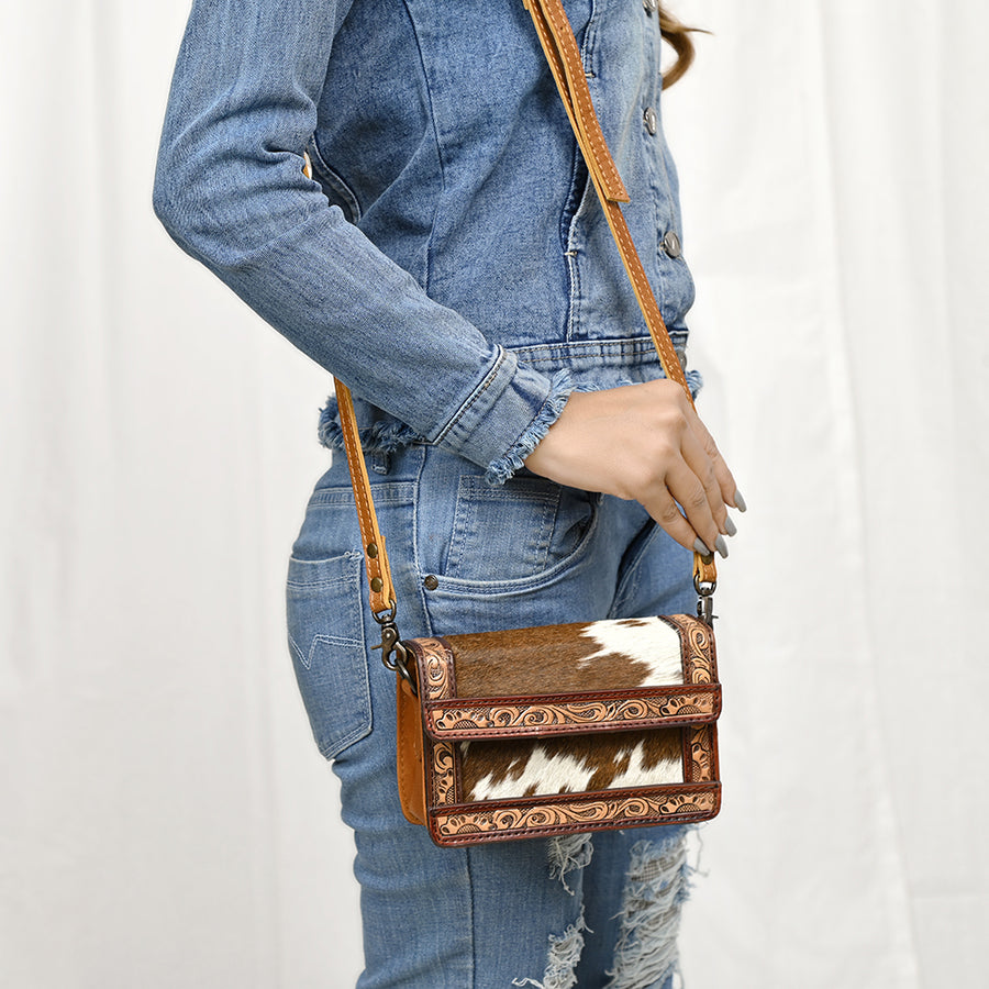 American Darling Western Leather Crossbody Bag – Genuine Hair-On Cowhide Purse with Hand-Tooled Floral Accents & Adjustable Strap