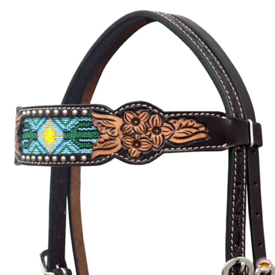 HILASON Western Leather Horse Headstall & Breast Collar Floral Beaded Brown
