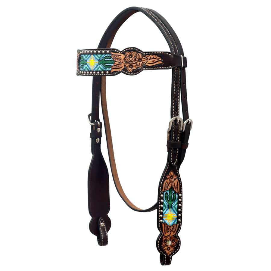 Hilason Western Horse Floral Hand Carved American Leather Headstall Beaded Inlay Brown - Uhorse