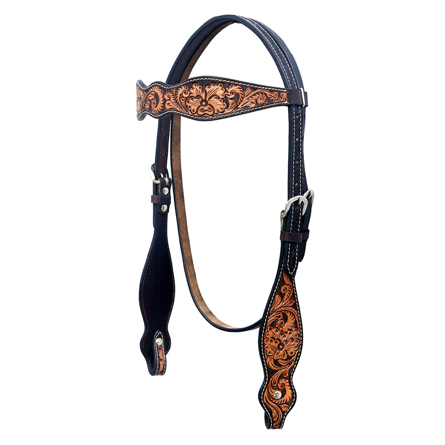 Hilason W. H. Floral Hand Carved American Leather Headstall Brown – by Hilason – Cowboy and equestrian accessories