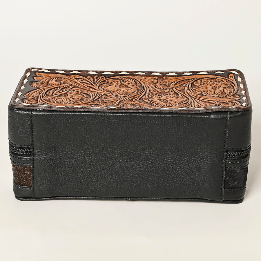 American Darling Hair-On Cowhide Hand Tooled Floral Carved Leather Jewelry Case Genuine Western Leather with YKK Zipper
